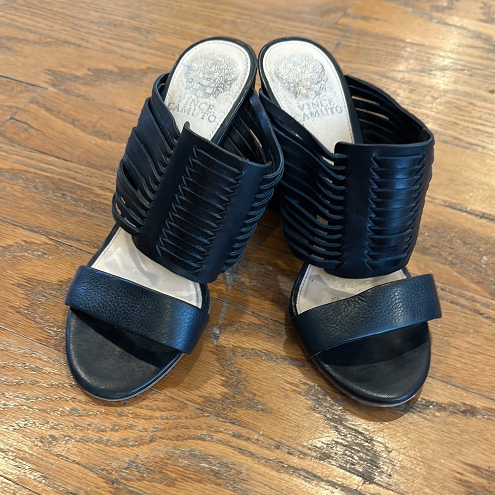 VINCE CAMUTO ASTAR BLACK LEATHER MULE HEELS SANDALS